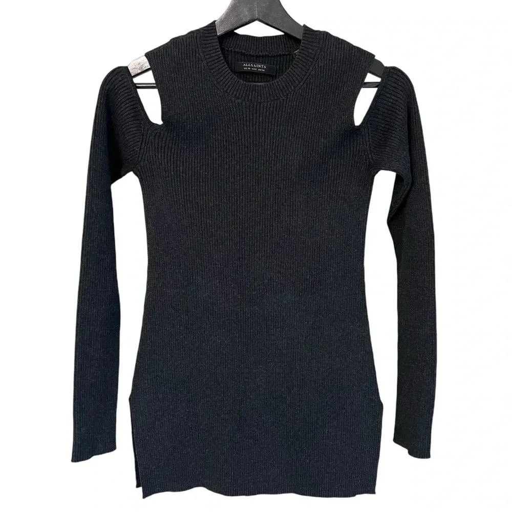 All Saints Ellion Cutout Cold Shoulder Rib Sweater Dark Heather Grey 6 Minimal